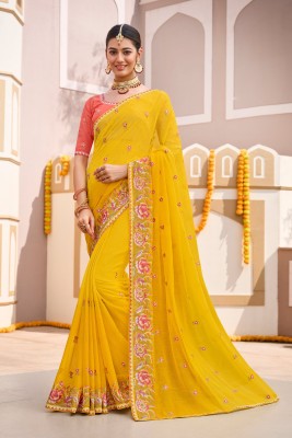 Laxmipati Sarees Embroidered Bollywood Chiffon Saree(Yellow)