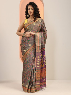 LIBAS Printed Daily Wear Silk Blend Saree(Grey)