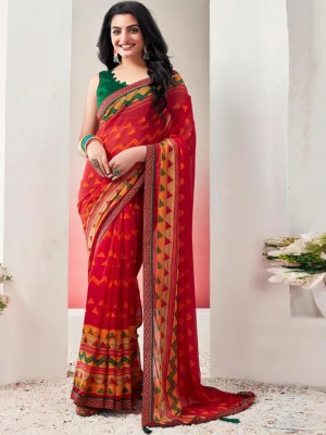 Sudarshana Floral Print Bollywood Chiffon Saree(Red)