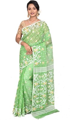 Fab Embroidered Jamdani Cotton Silk Saree(Light Green)