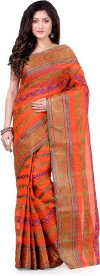 Desh Bidesh Striped, Self Design, Paisley, Woven Handloom Handloom Cotton Blend, Pure Cotton Saree(Orange)