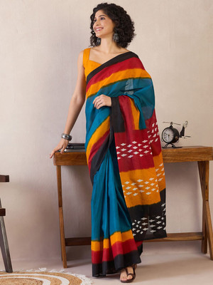 Anouk Rustic Printed Pre Draped Saree Cotton Blend Saree(Blue)