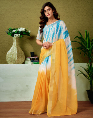Divastri Digital Print, Floral Print, Printed Bollywood Linen Saree(Yellow, Blue)