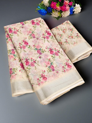 Drujha Digital Print, Printed Daily Wear Cotton Linen Saree(Cream)
