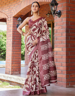 Samah Geometric Print, Printed Daily Wear Khadi Saree(White, Purple)