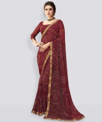 Samah Printed, Geometric Print, Embellished Bandhani Chiffon Saree(Gold, Maroon)