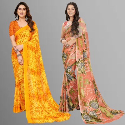 kashvi sarees Floral Print, Polka Print, Ombre, Printed Bollywood Georgette Saree(Pack of 2, Pink, Yellow)