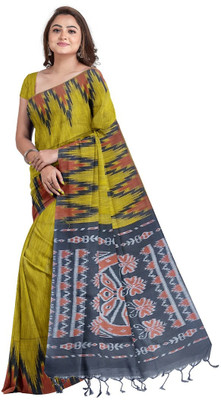 maadurga Printed Sambalpuri Cotton Blend Saree(Yellow)