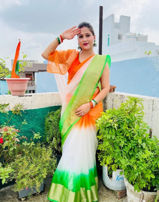 SHREEKARNIKA FASHION Printed Bollywood Organza Saree(Orange, Green)