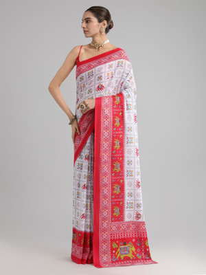 Sareemall Printed Hand Batik Cotton Blend Saree(White)