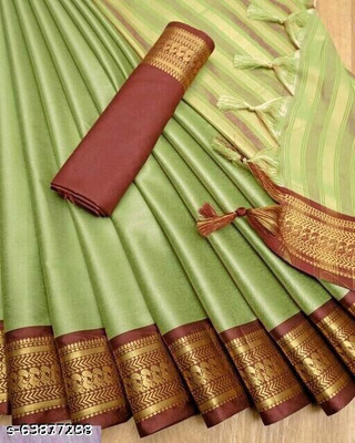 WEYLIN Self Design, Printed, Striped, Embroidered, Woven, Floral Print Bollywood Cotton Silk Saree(Maroon, Light Green)