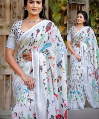 KHANUDI Digital Print Bollywood Handloom Cotton Linen Saree(Multicolor)