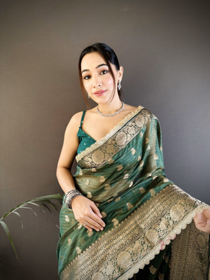 SHARDHA FASHION Woven, Self Design Banarasi Pure Silk, Tissue Saree(Black, Yellow, Multicolor)