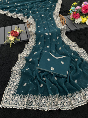 Mikhushop Embroidered Bollywood Organza Saree(Dark Blue)