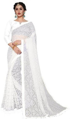 Nexafashion Self Design Bollywood Net Saree(White)