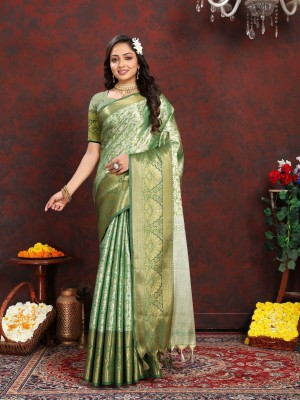 SHREE NATH CREATION Embroidered, Paisley Banarasi Cotton Silk, Cotton Blend Saree(Green)