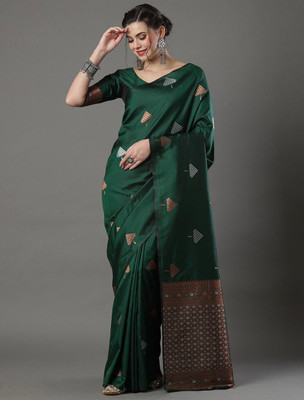 VISVASTA Solid/Plain Kanjivaram Cotton Blend Saree(Green)