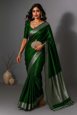 Sijileen Solid/Plain Banarasi Satin, Silk Blend Saree(Dark Green)