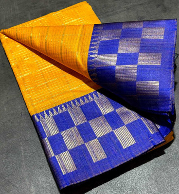 JbWorld Checkered, Woven, Self Design, Embellished Chettinadu Jacquard, Cotton Silk Saree(Yellow, Blue)