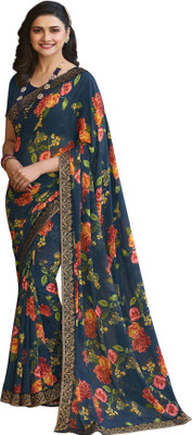 SHRUHAD Printed, Floral Print Daily Wear Georgette Saree(Dark Blue)