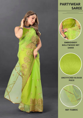 Yashvi Designer Embroidered Bollywood Net Saree(Light Green)