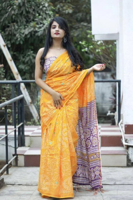 HIYAMI Printed Bandhani Cotton Linen Saree(Yellow)