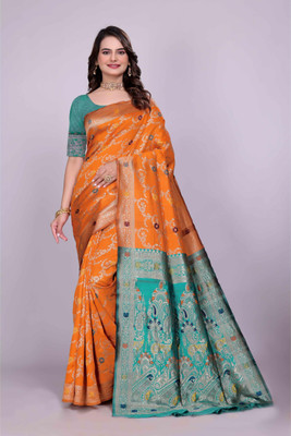 TODAY DEAL Woven Kanjivaram Silk Blend Saree(Mustard)