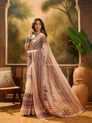 ShopGlobal Printed Banarasi Pure Cotton Saree(Beige)