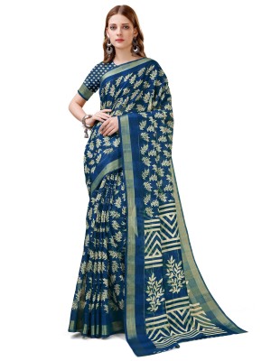 Bansi Ecom Printed Bollywood Cotton Silk Saree(Blue)