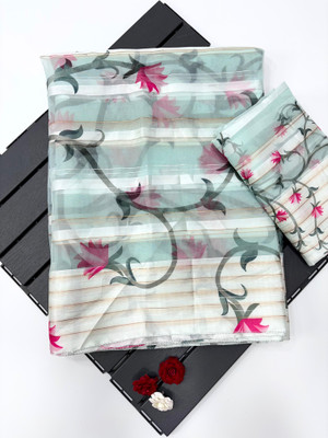 SDGRATITUDE Striped, Printed Daily Wear Georgette, Cotton Blend Saree(Blue)