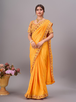 Vraj Textile Embroidered Chinnalapattu Pure Silk Saree(Yellow)