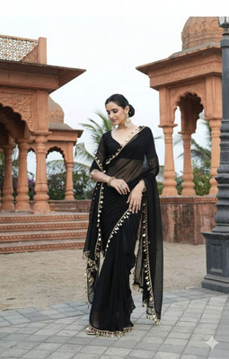 Radhika Sarees Solid/Plain, Embellished Bollywood Georgette Saree(Black)