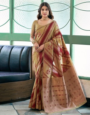 Samah Dyed, Woven, Embellished Banarasi Silk Blend Saree(Beige, Maroon)