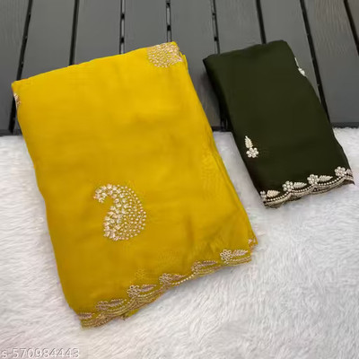 LAJEELEE Embroidered Bollywood Georgette Saree(Yellow)