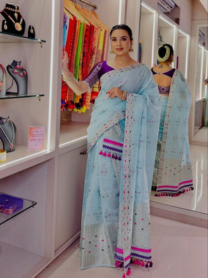Sheden Lopez Creation Woven Mekhela Chador Cotton Silk Saree(Light Blue)