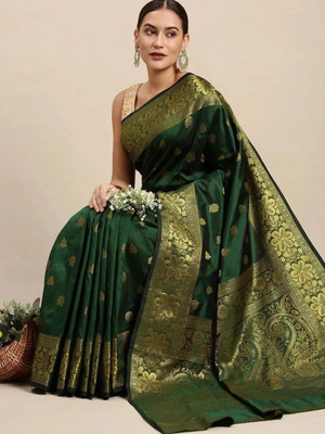 BOUGHTNOW Woven Kanjivaram Cotton Silk Saree(Green)