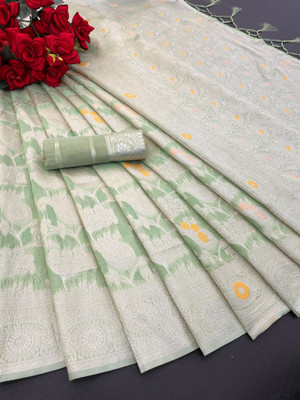 Clothestic Floral Print, Woven Kanjivaram Cotton Linen Saree(Green)