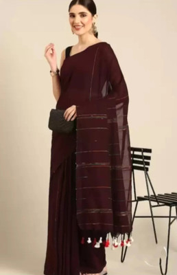 Maku Striped, Self Design, Solid/Plain Handloom Pure Cotton Saree(Maroon)