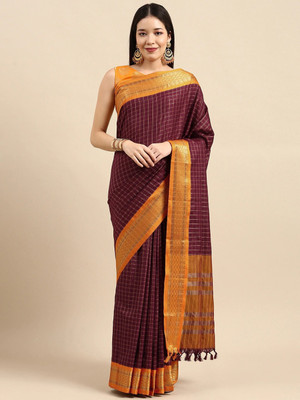 HouseOfCommon Woven, Checkered, Embellished, Self Design Daily Wear Jacquard, Cotton Silk Saree(Brown)