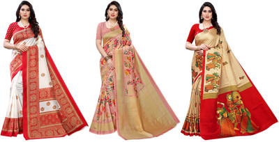 Nirvaan Printed, Woven Daily Wear Art Silk Saree(Pack of 3, Red, Pink, Beige)