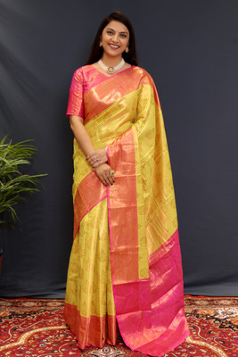 yourwish Self Design Banarasi Cotton Silk, Jacquard Saree(Yellow)