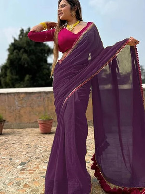 PATTARI Solid/Plain Bollywood Georgette Saree(Purple, Pink)