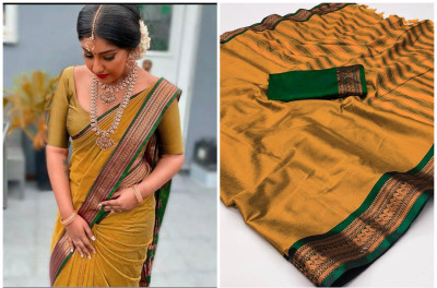 KHODALSAREEFEB Solid/Plain Banarasi Art Silk Saree(Light Green)