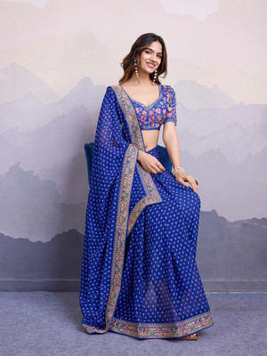 Vivan Fab Embroidered Bandhani Georgette Saree(Blue)