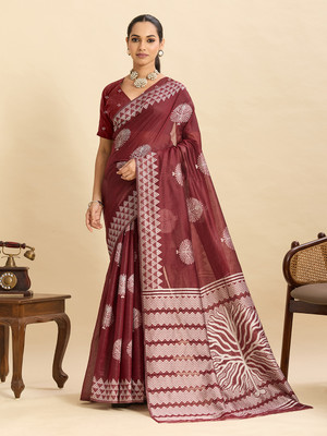 HouseOfCommon Printed, Woven Bhagalpuri Cotton Silk Saree(Maroon)