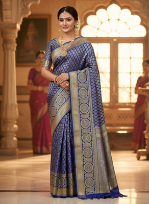 KANJEEVARAM SILK SAREES Woven Banarasi Silk Blend Saree(Blue)