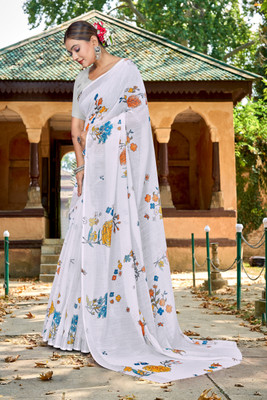 VCREATION Digital Print Bollywood Linen Saree(White)