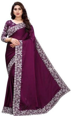 Om Enterprise Embroidered, Floral Print, Solid/Plain Daily Wear Georgette Saree(Purple)