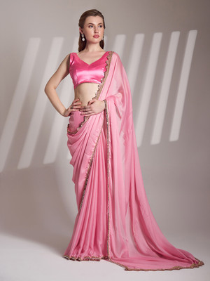 Divastri Embellished, Solid/Plain, Dyed Bollywood Chiffon Saree(Pink)