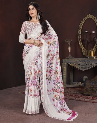 Divastri Floral Print, Printed, Woven Bollywood Georgette Saree(White, Pink)